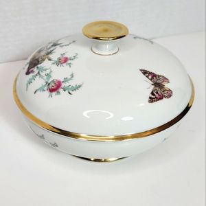 Ebertal Bavaria Germany Covered Serving Bowl Candy Dish Birds Pink Thistles Gold